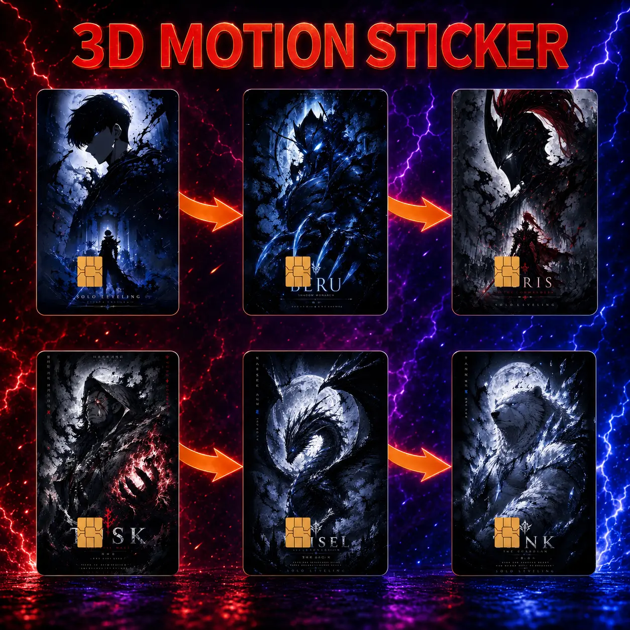 Solo Leveling Anime Credit/Debit Card Stickers 2-Pack, Premium 3D Motion Vinyl Ultra Slim 3.37x2.13in Covers with Chip Cutout, Waterproof Scratch-Proof, Easy Apply & Remove Kawaii Gift for Anime Fans