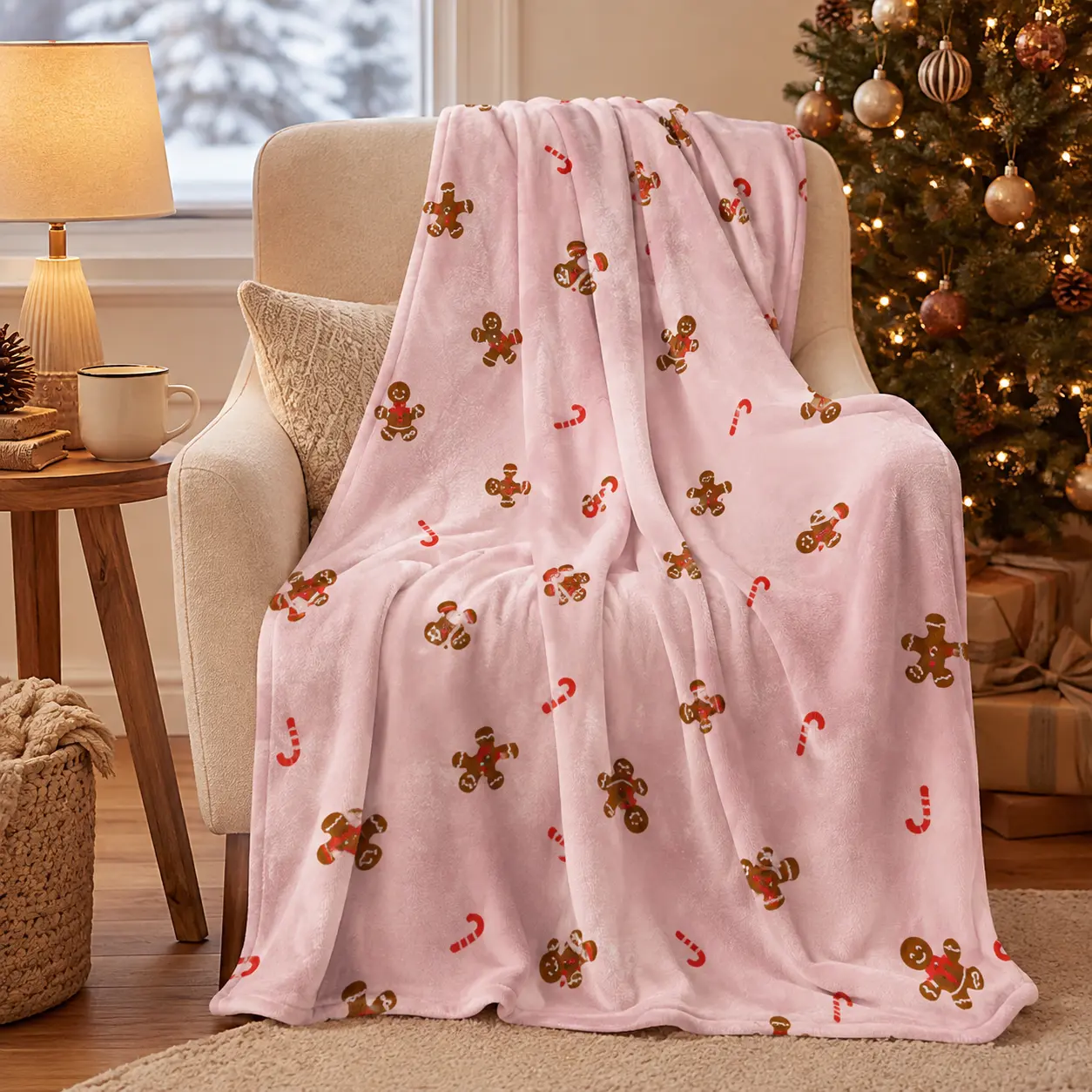 Pink Gingerbread Candy Cane Custom Flannel Throw Blanket, Soft Fuzzy Plush Blanket for Couch & Bed, All Season Cozy Warm, Cute Pastel Christmas Pattern, Personalized Holiday Blanket, Sweet Xmas Gift, Cozy Cottagecore Winter Bedroom Home Decor