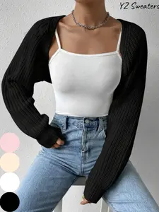 Women's Solid Long Sleeve Open Front Crop Cardigan, Casual Solid Knit Cover Up for Daily Wear Holiday Vacation, Ladies Outerwear Clothes for All Seasons Knitwear Fit Womenswear