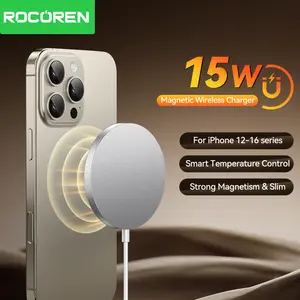 Rocoren 15W Magnetic Qi Wireless Charger AluminumAlloy Ultra Thin USB Type C Fast Charging With 1.5M FastCharging Cable For IP12-16 Series Cellphone SmartphoneElectronic