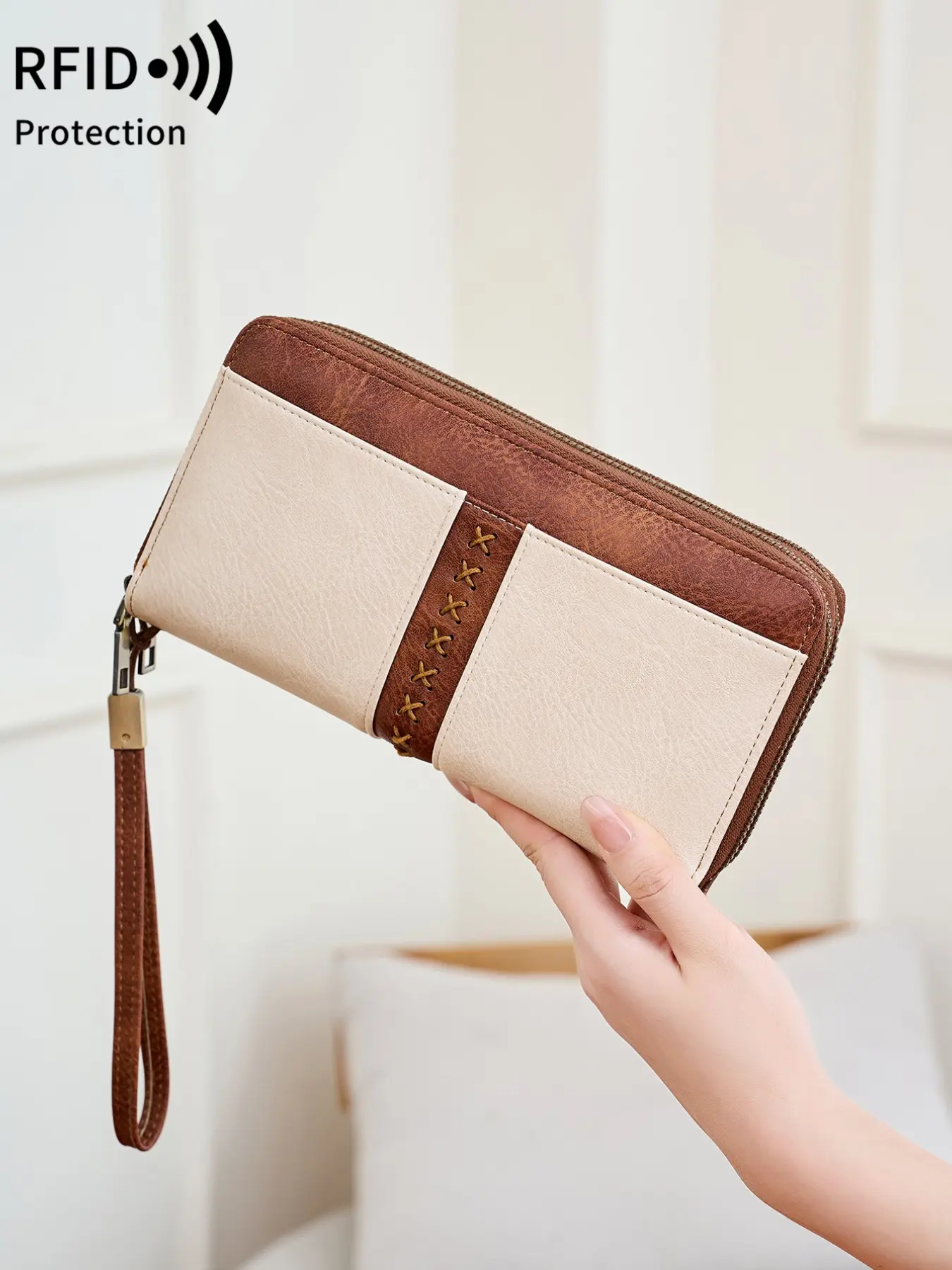 Ladies' long wallet, RFID multifunctional wallet, multiple card slots, large capacity coin purse, credit card holder, handbag, with detachable wrist strap, daily essential, RFID Blocking Purse