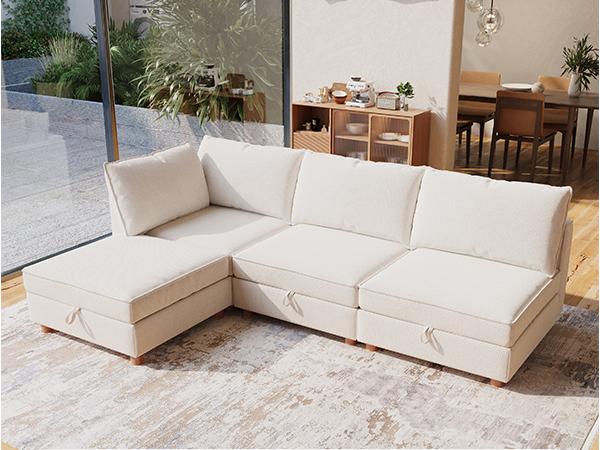 4-8 Seat Modular Sectional Sofa with Storage, Sturdy Solid Wood Structure, Modular Sectional Sofa Cloud Couch Washable, Spacious Couches for Living Room, Apartment, Loft, Beige