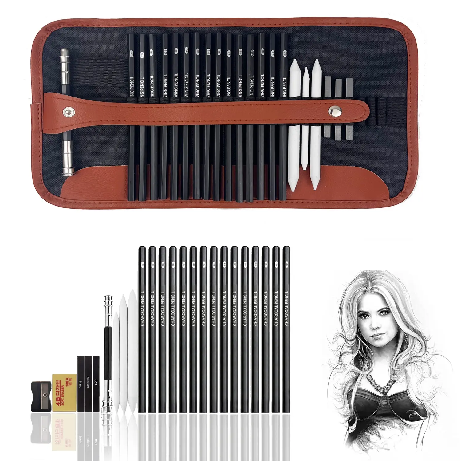 25Pcs Professional Drawing Sketching Coloring Set Graphite Charcoal Pencils Art Supplies with Kneaded Eraser Blending Stump Tool Art Sets