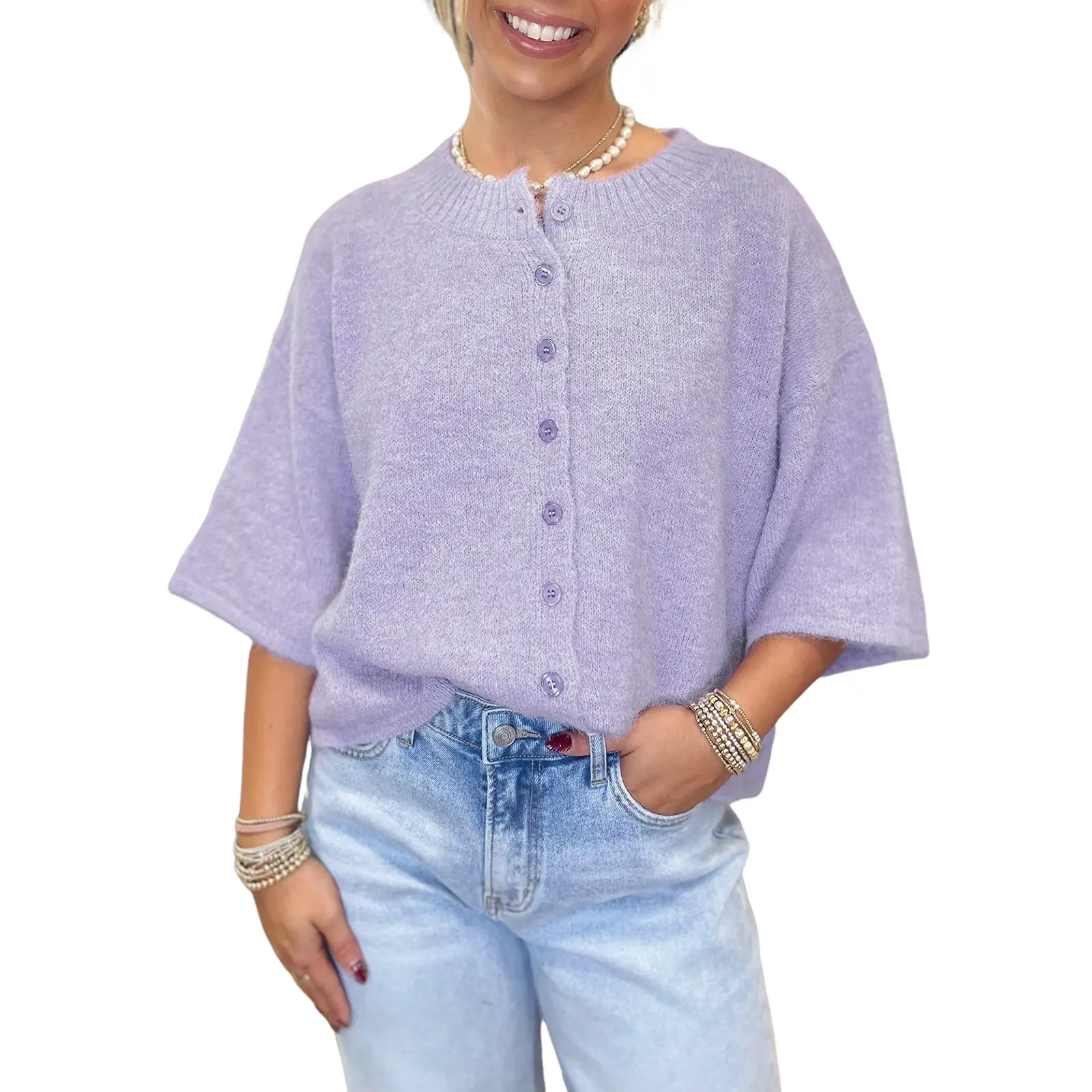 Women's Casual Knit Top, Lavender Short Sleeve Round Neck Button-Up Blouse, Comfortable Basic Wear for Jeans or Skirts