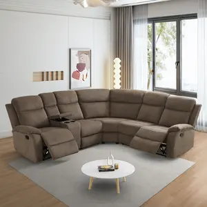 Brown Stripe Fabric Living Room 3-Piece Recliner Intelligent Sofa Set with Adjustable Headrest and Storage Console