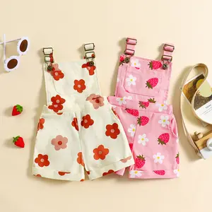 Toddler Baby Girl Summer Romper Flower/Strawberry Print Jeans Overalls Strap Suspender Shorts with Pocket Jumpsuit Little Girls Summer Outfit