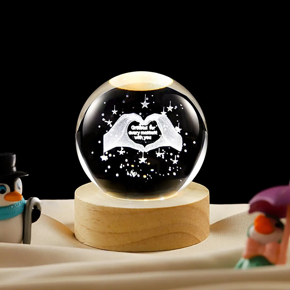 2.36" 3D Heart-Shaped Crystal Ball Decorative Night Light - LED Decoration Lamp, 4-Colour Cycle, Indoor Use for Desks & Home Shelves, Birthday Party Gift, Camping Essential