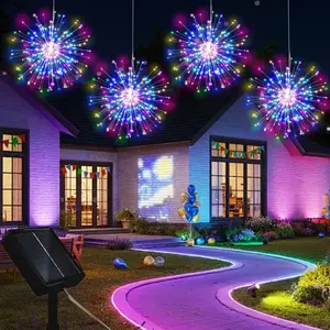 4pcs Solar-Powered Firework Lights, Hanging LED Starburst Lights, 8 Modes, Perfect for Christmas Parties, Weddings, Gardens, Valentine'S Day Decorations [Warm Light/Multicolor]