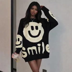 COLORFUL SMILE KNIT HAPPY FACE OVERSIZED JUMPER SWEATER TUNIC TOP WOMENSWEAR Women's Print Long Sleeve Crewneck