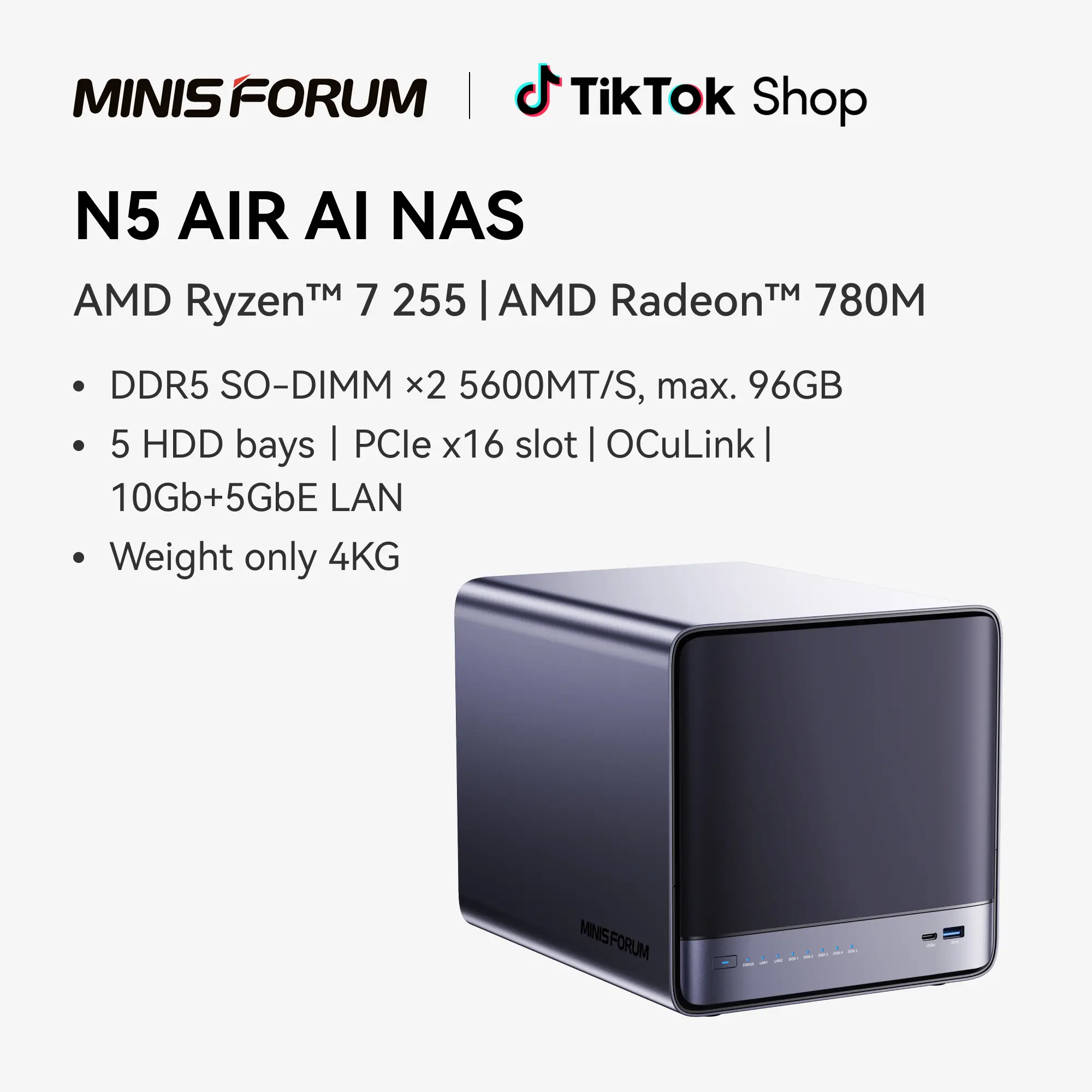 MINISFORUM N5 Air 5-Bay Desktop NAS, AMD Ryzen 7 255(8C/16T) CPU, 16GB DDR5, 64GB SSD, 1x 10GbE, 1x 5GbE, 2x USB4(8K), 8K HDMI, OCuLink, 3x M.2 Slots, PCIe x16 Slot, Network Attached Storage(Diskless)
