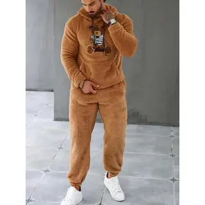 Men’s Bear Print Fleece Hoodie and Wide-Leg Pants Set, Autumn/Winter Warm and Skin-Friendly, Cute Style for Everyday Wear