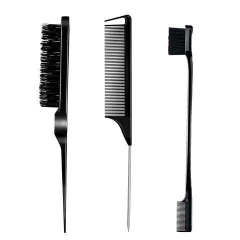 3 Count Comb Set for Teasing Edge and Back Brushing Rat Tail and Edge Combs Hair Stick for Styling Women's Haircare Smooth Heatless (Black)