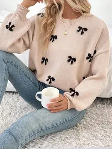Women's Bow Pattern Drop Shoulder Sweater, Casual Long Sleeve Round Neck Jumper for Fall & Winter, Fashion Ladies' Knitwear for Daily Wear, Womenswear Tops