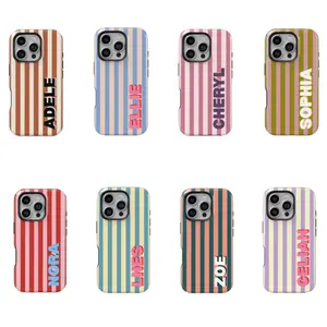 Custom Phone Case, Personalized Initials Monogram, Striped Aesthetic iPhone Case, Trendy Protective Shockproof Cover