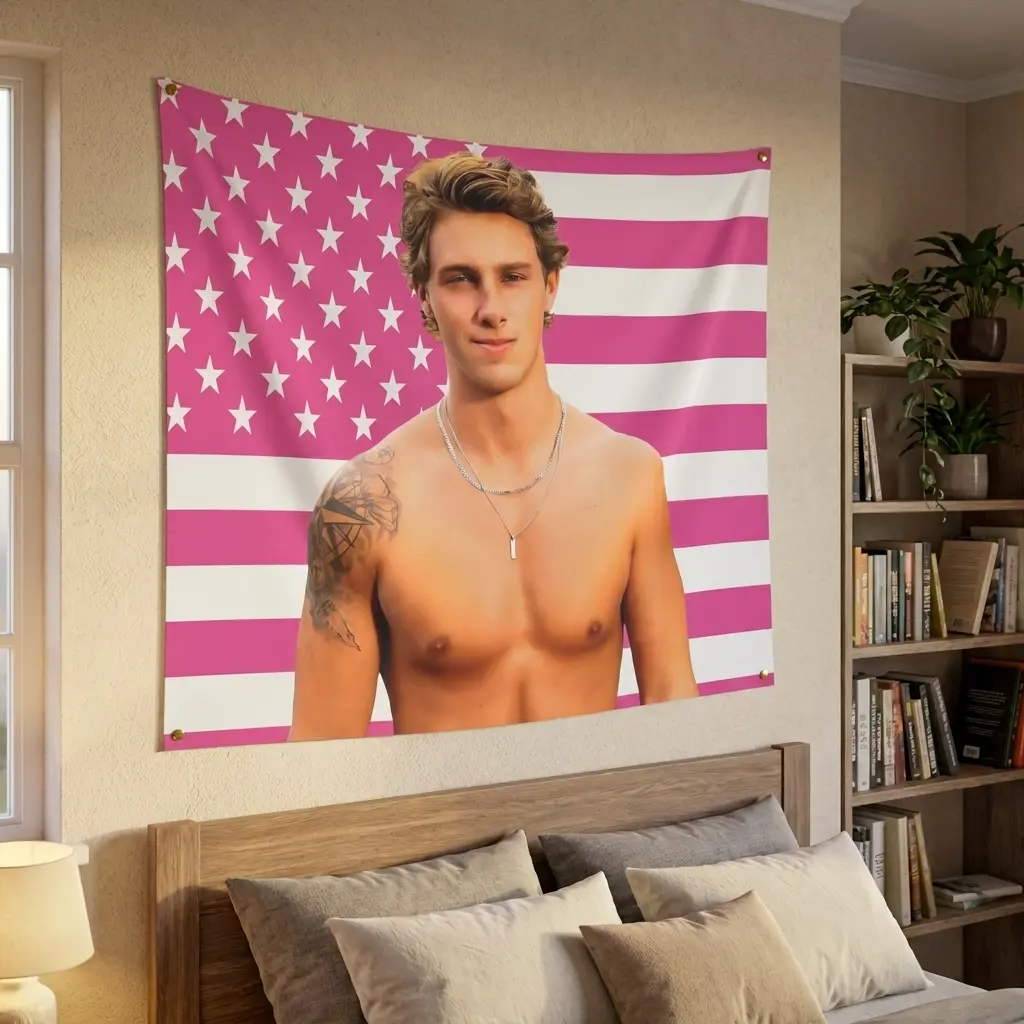 Caleb Tapestry, Pink American Flag Wall Hanging, Shirtless Caleb Bedroom Decor, Handsome Male Fan Room Banner, Bold Dorm Wall Art. We provide 4 grommet holes at the four corners of this product.