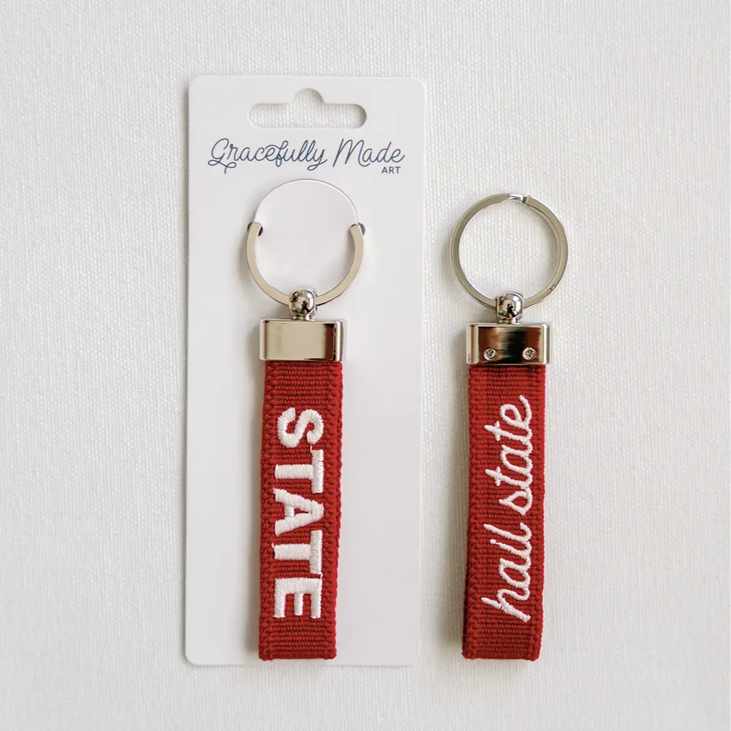 Maroon and white embroidered loop double sided keychain
