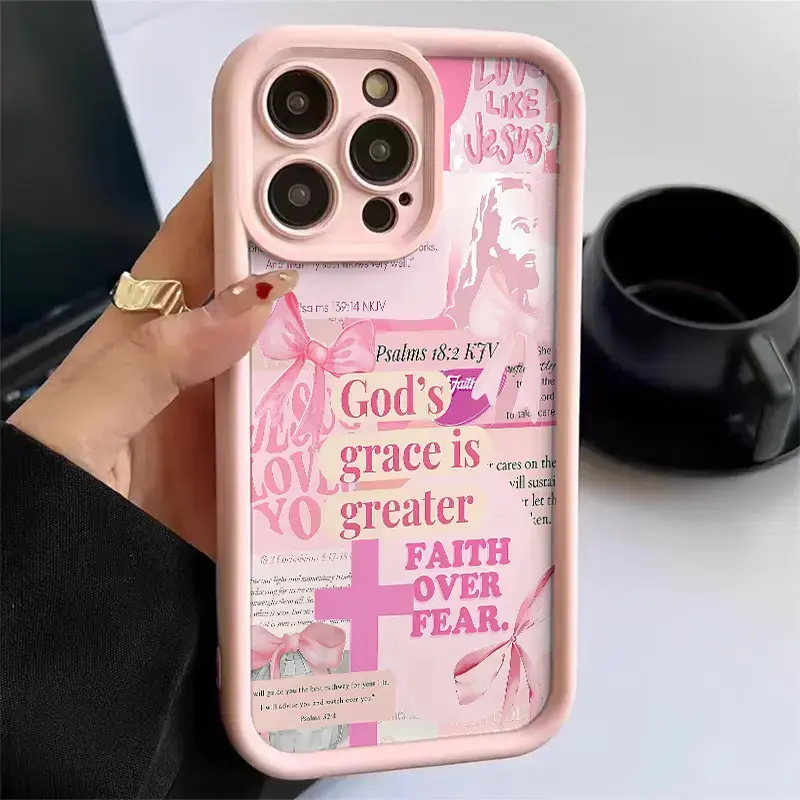 Aesthetic Pink Bow Faith Quote Silver Shimmer Soft TPU Mobile Phone Accessory - Shockproof, Anti-Drop Protection Cover for iPhone 14 Plus, 13-17 Pro Max Fit Cell Phone Cases