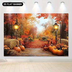 2D Flat Fall Harvest Pumpkin Banner (1PC) - Maple Leaf & Street Lamp Accents, Vibrant Golden Leaves Scene, Durable Polyester Fabric, Perfect for Thanksgiving Decorations & Garden Party Festive Atmosphere Ornaments