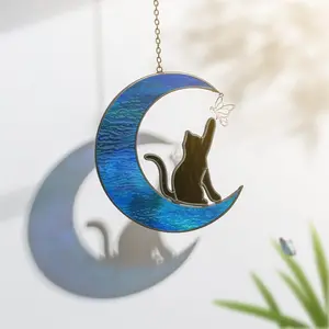 Black Cat Stained Glass Window Hanging: Cat Ornaments with Blue Moon Gifts for Women - Suncatchers for Windows & Patio Decor, Mother's Day Gift