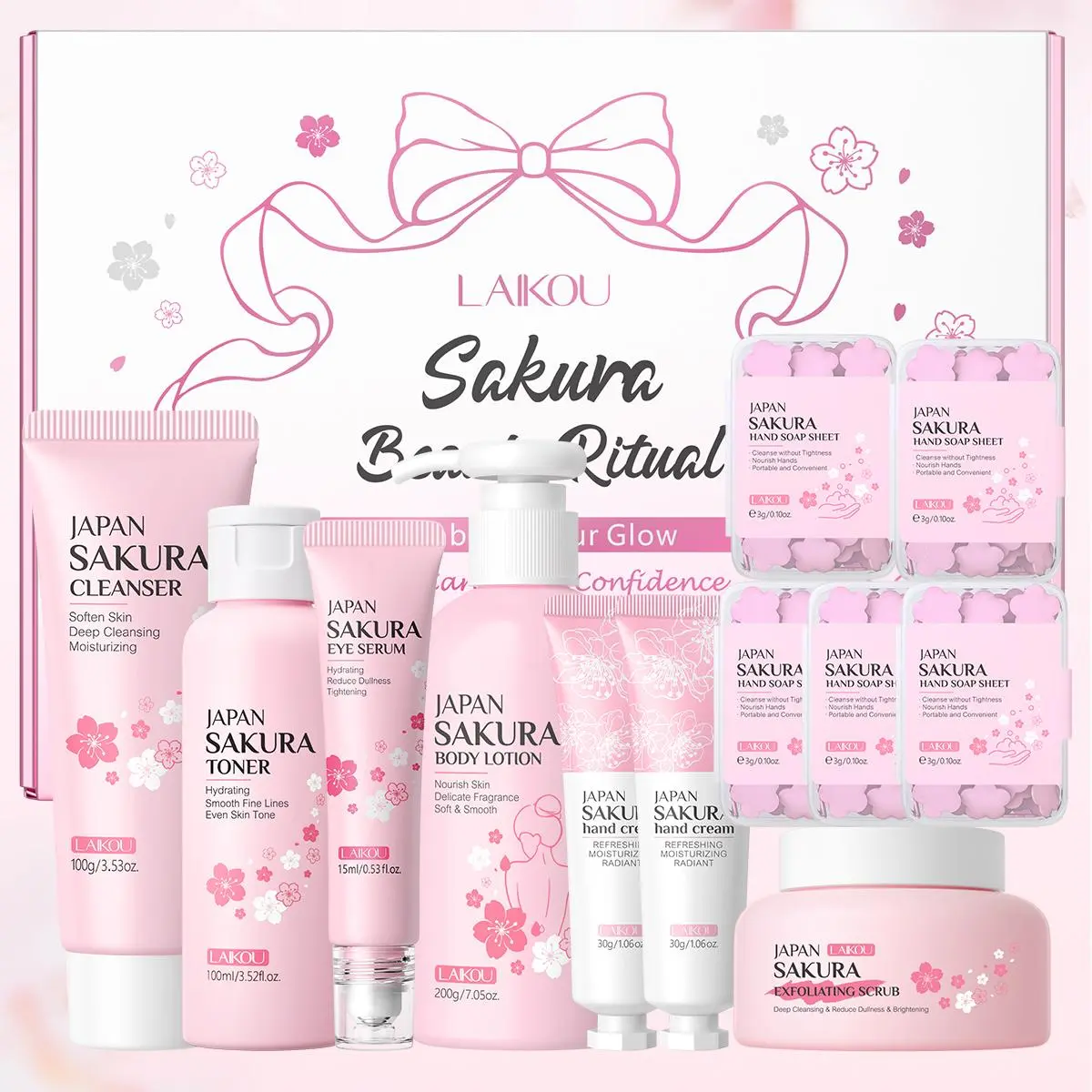 Sakura Skin Care Kit, Moisturizing Skin Care Set, Hydration Set, Including Facial Cleanser, Toner, Eye Serum, Scrub, Body Lotion, Hand Soap and Hand Cream, Comfort, Body Care Sets, Gift Sets, Body Beauty Set