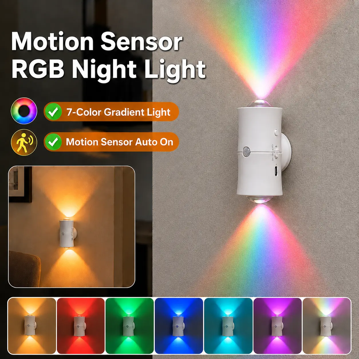 DALRIVO Smart Rechargeable LED Motion Sensor Night Light, RGB Gradient Ambient Wall Lamp, Magnetic Mount, USB-C Charging for Bedroom, Hallway & Stairs