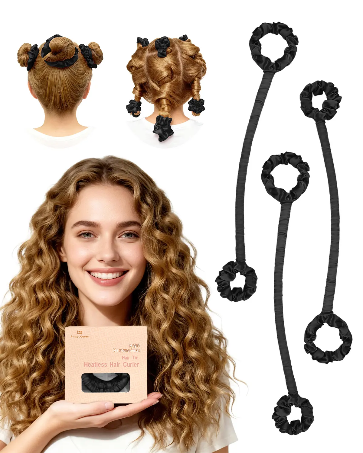 BONNET QUEEN Small Satin Rollers 3-Piece Heatless Hair Curler Set - Soft Sponge, Secure Hold, Wrap-Tight Design, Overnight Sleep-In Tool for Bouncy Heatless Curls (Blush Pink), Hair Rollers, Heat-Free, Fine/Straight/Wavy, Foam, Beginners, Bouncy Curls