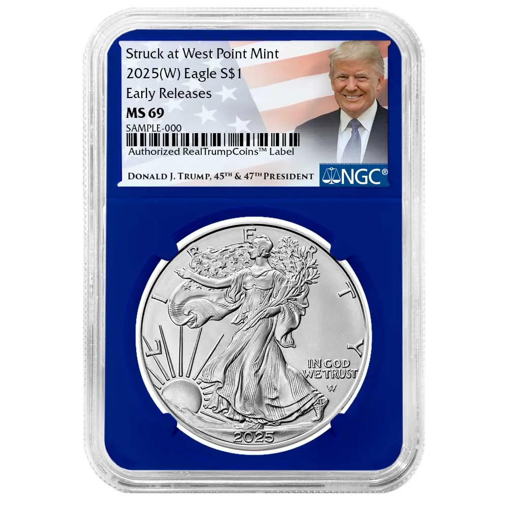 2025 (W) $1 American Silver Eagle NGC MS69 ER Trump Label Blue Core