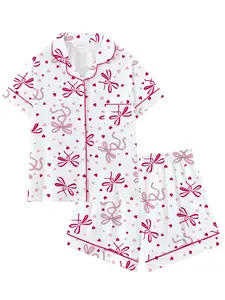Cute Bow Collar Short Sleeve Pajama Set for Teen , Comfortable Sleepwear, All Seasons Loose Fit, Perfect Gift