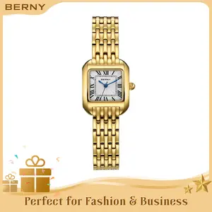 BERNY Gold Watch for Women - High Quality Elegant Vintage Square Quartz Wristwatch, Waterproof, Easily Resizable Bracelet, Roman Numeral Dial, Luxury Classy Jewelry Watches for Business Ladies, Trending Gift for All Occasions, Fashion Summer Accessories