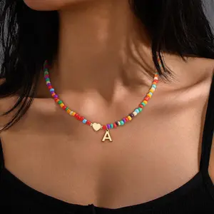 GANIA Colorful Beaded 26 Initial Necklace for Teen Girls - Handcrafted Heart Pendant Choker - Adjustable Length - Perfect Stocking Stuffer for Women & Girls