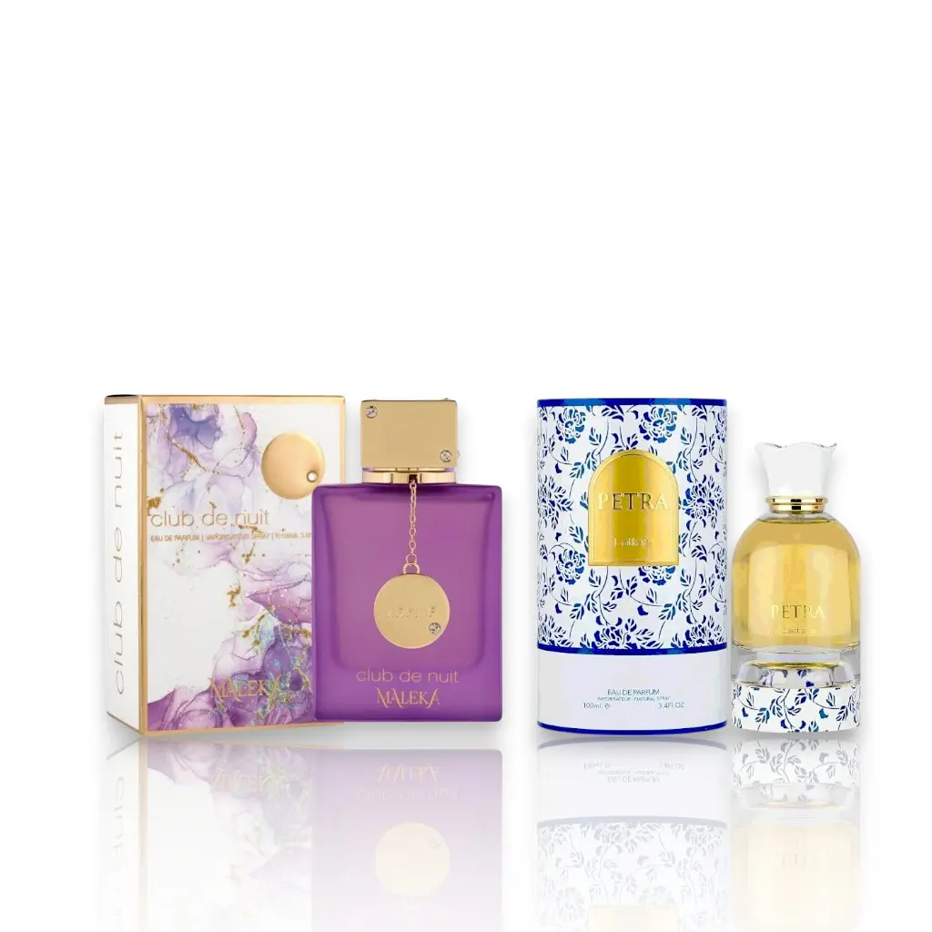 Lattafa Petra & Club de Nuit Maleka Women's EDP Perfume Spray Duo Set, 3.4-3.6 fl oz Eau de Parfum Bottles, Fruity Floral Fragrance with Sweet Vanilla & Iris Notes