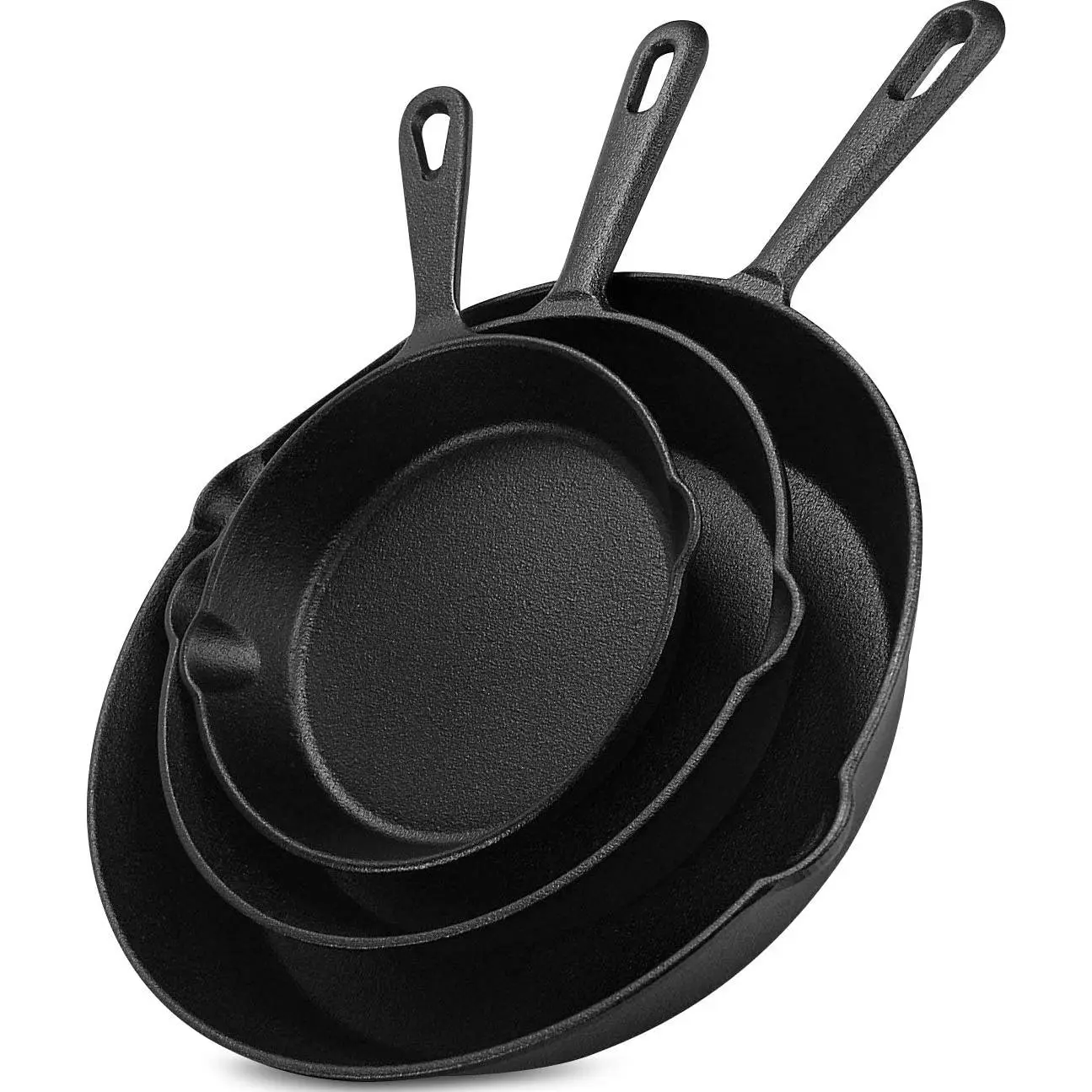 Black Pre-seasoned 3-Piece Multi-Size Cast Iron Chef Pan Set - 6in, 8in, 10in Flat Bottom Pans for Stove, Oven, Barbecue, Camping Kitchen Use