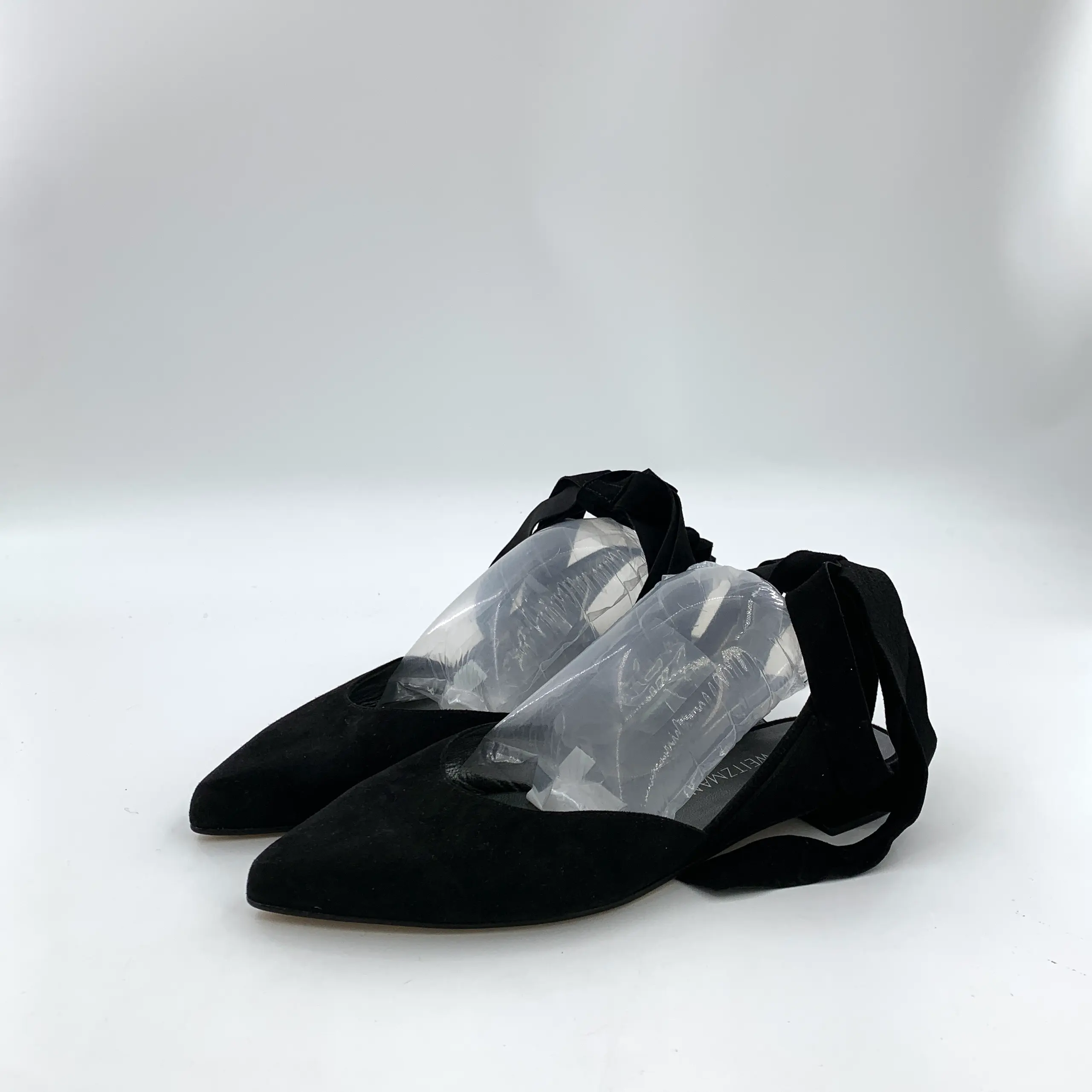 RDLT-Stuart Weitzman Size 37.5 Black Pointed Toe Lace-Up Bow Flat Shoes-J27605