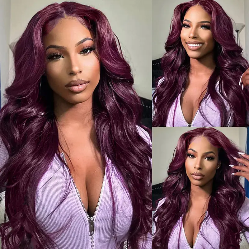 Megalook 13x4 Plum HD Lace Front Human Hair Wig - Women's Body Wave Side Part, Natural Hairline, Deep Part, Natural Looking Hair, Silky Straight Texture, Fashion Style, Wigs Human Hair