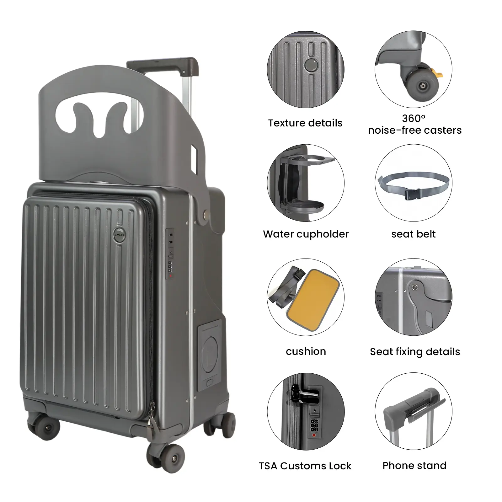 Front-Opening Rideable Carry-On Luggage with Seat & Buckle, a Stylish PU Leather & Hard Shell Suitcase with an Anti-Theft TSA Lock and Silent 360° Spinner Wheels for Airport Travel, Rolling Luggage, 4 Wheels 360 Rotation, 4-Wheel Checked Luggage