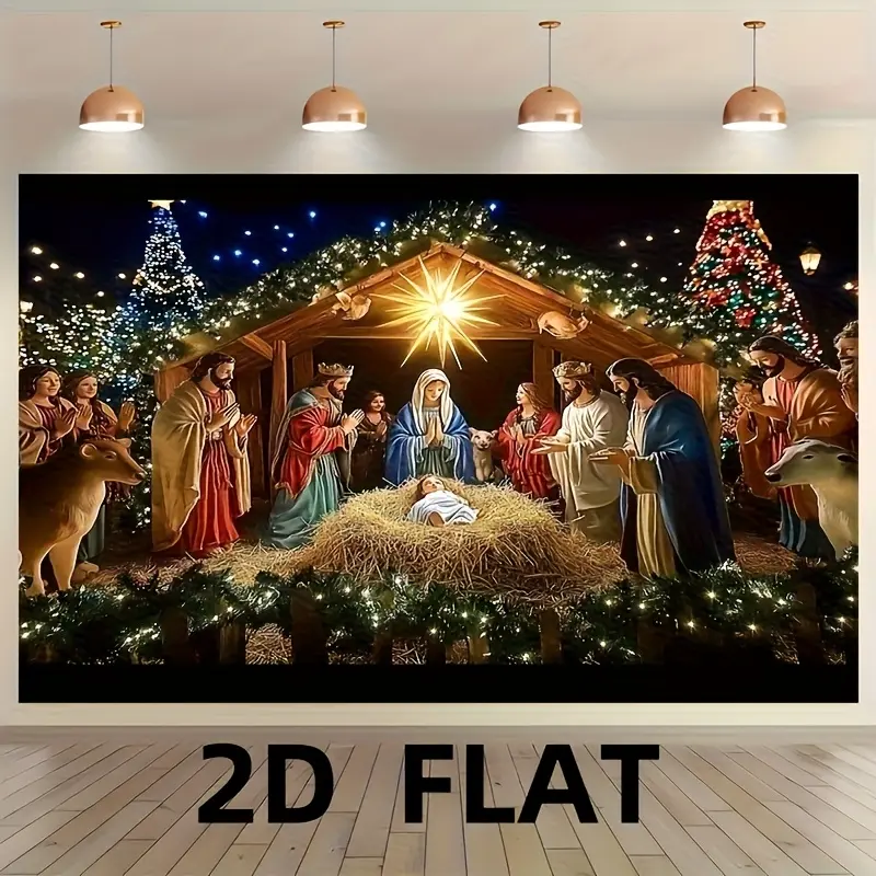 2D Flat Nativity Scene Christmas Banner - Durable Sustainable Polyester Tapestry, Mary-Joseph-Young Jesus Design, Large Photographic Cloth for Party, Baby Shower Decor, Indoor-Outdoor Home Studio Props