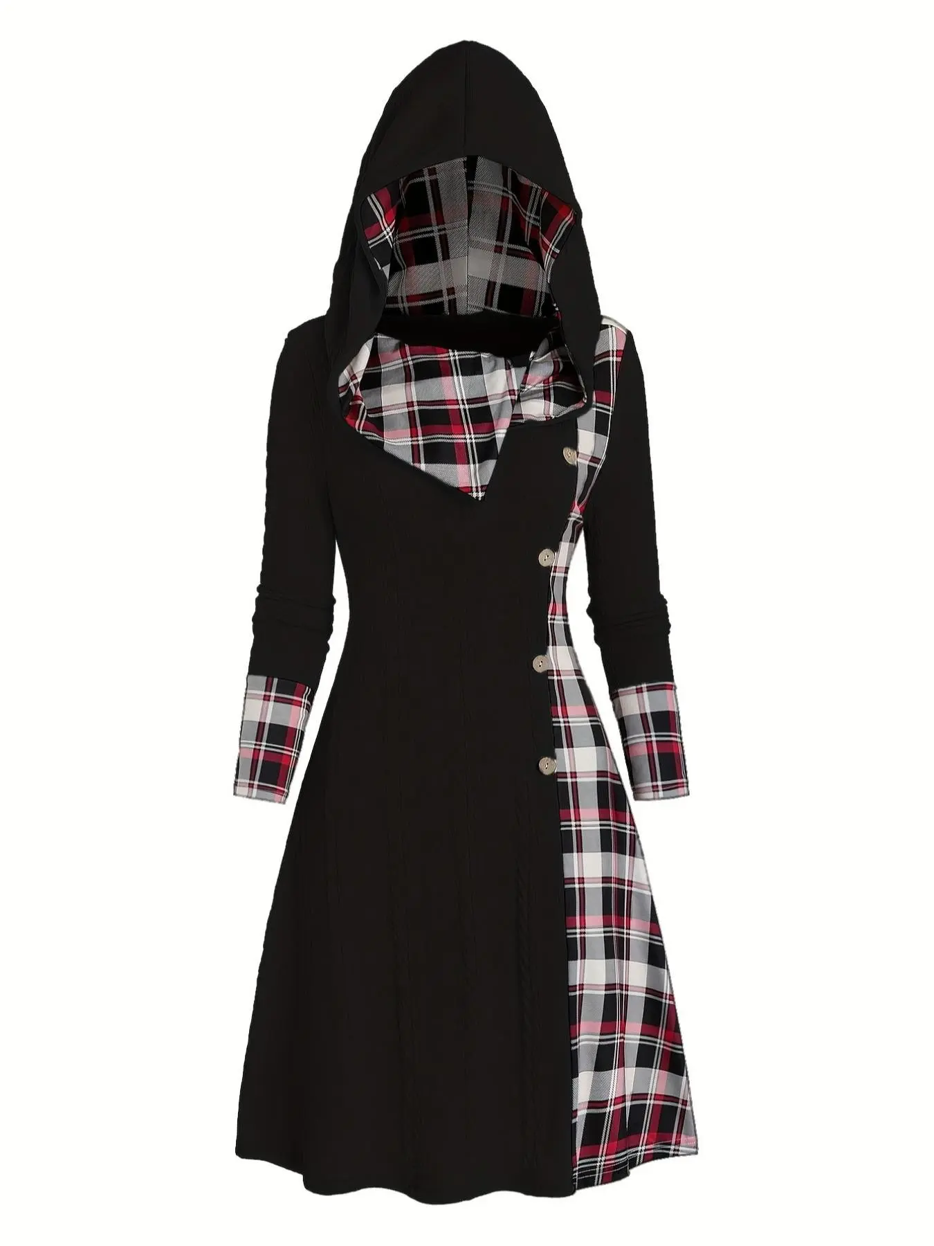 Women's Fall Winter Casual Wear Knit Hooded Plaid Print Patchwork Fake Button High Waist Long Sleeve A-Line Dress, Stylish and Warm, A Line Dresses