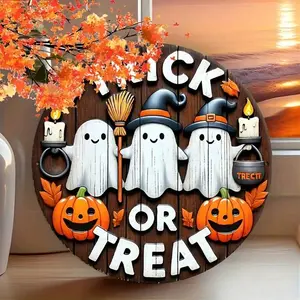 Halloween Ghost Trick Or Treat tin Sign Multicolor Round Hanging Decoration for Halloween Party Fall Autumn Room Ornaments