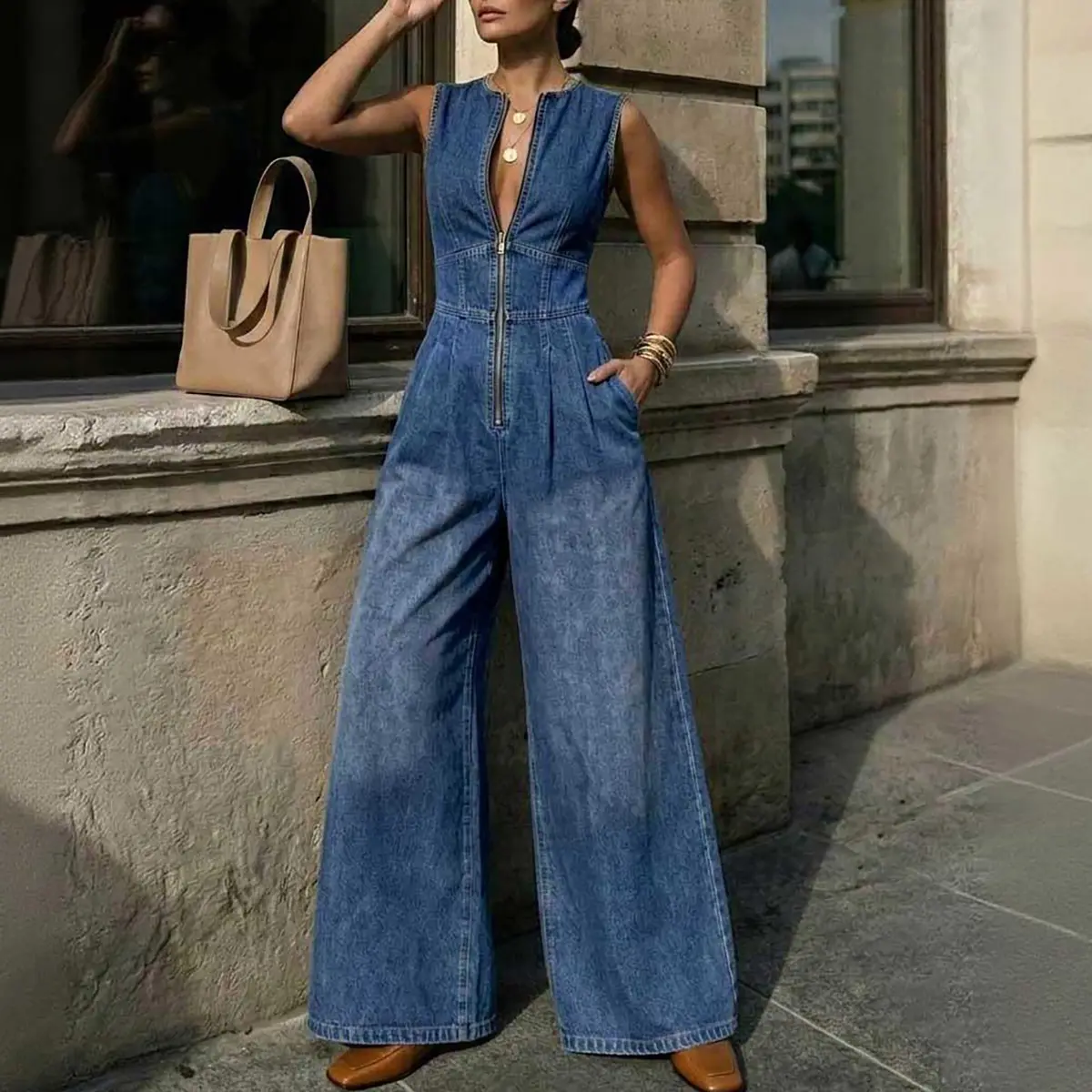 Women's Sleeveless High-Waist Wide Leg Denim Jumpsuit - Front Zipper Overalls with Pockets, Loose Fit Cotton-Polyester Minimalist Style Casual Romper, Vintage Summer Everyday Outfit, Rayon, Breathable