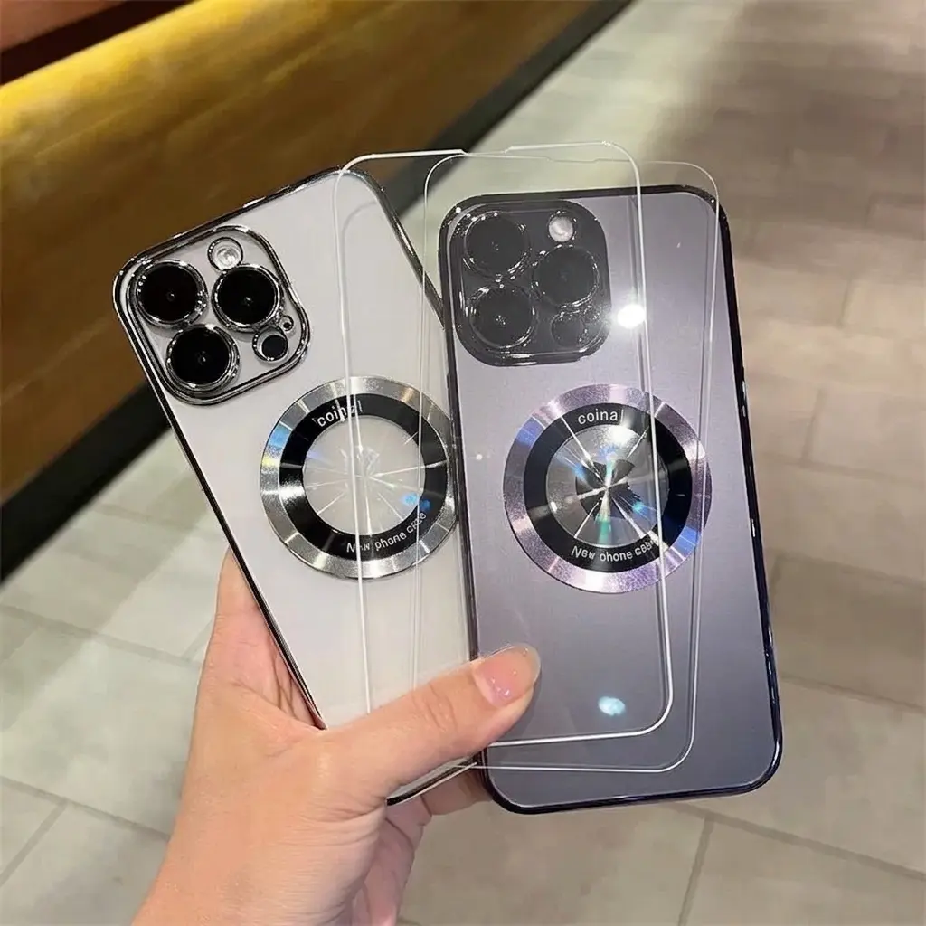 3pcs [1 Phone Case with 2X Clear Screen Protectors] Electroplated Transparent Magnetic Wireless Charging Smartphone Phone Case, Protective, Suitable for iPhone 17 Pro Max, 17 Pro, 17, 16, 15, 14, 13, 12, 11 Pro Max Plus with metal Accessories