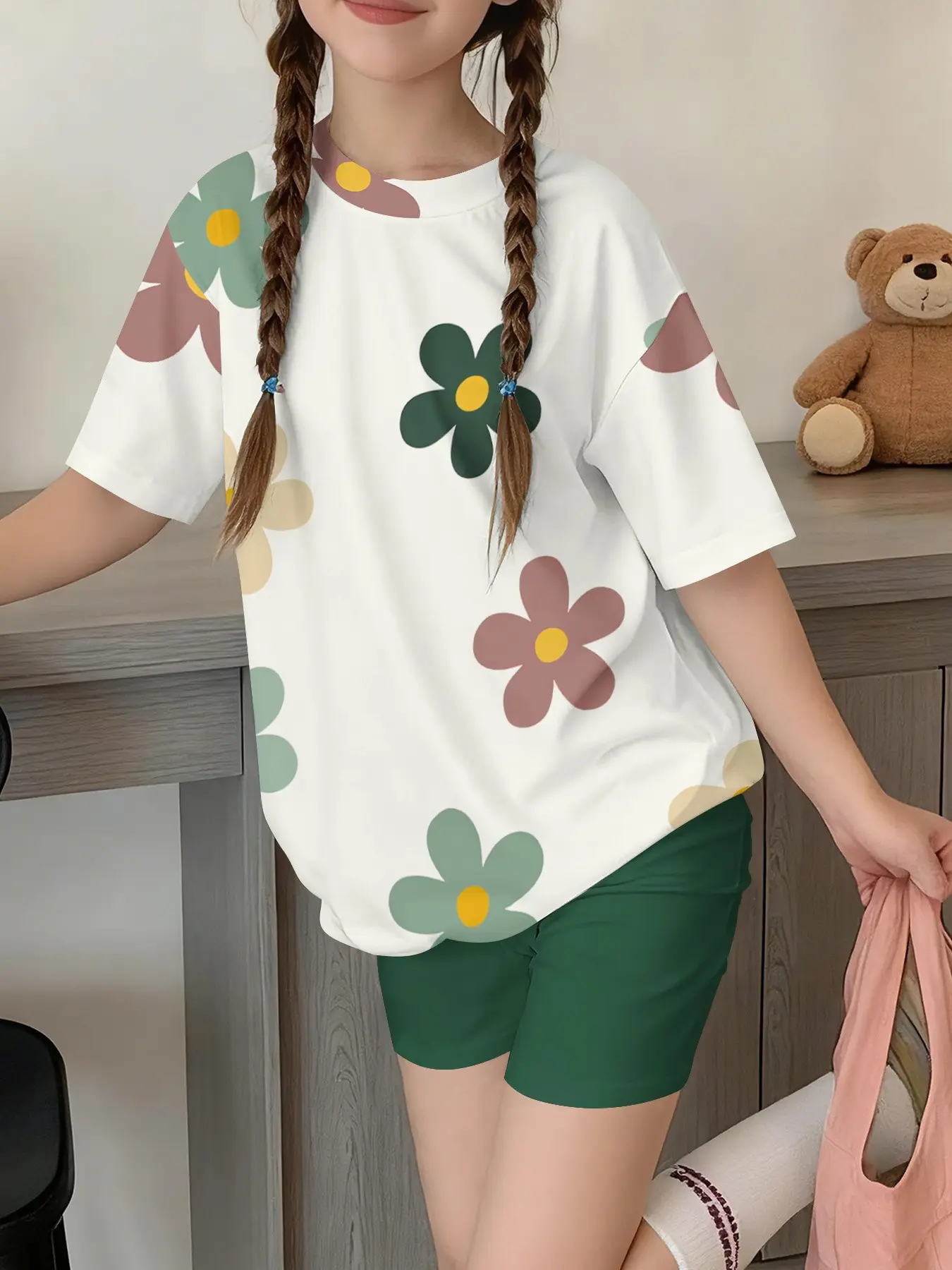 Girls' Striped Floral Short Sleeve Summer Clothing Set, Summer Casual Breathable Two-Piece, Fashionable Kids' Sports Wear, Comfortable and Stylish, Matching Outfits Set