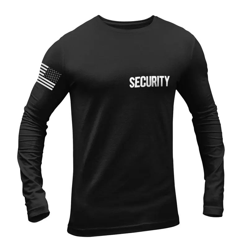 Men's Long Sleeve Security T-Shirt (Black/White, Chest, Back & Sleeve, Solid Design)