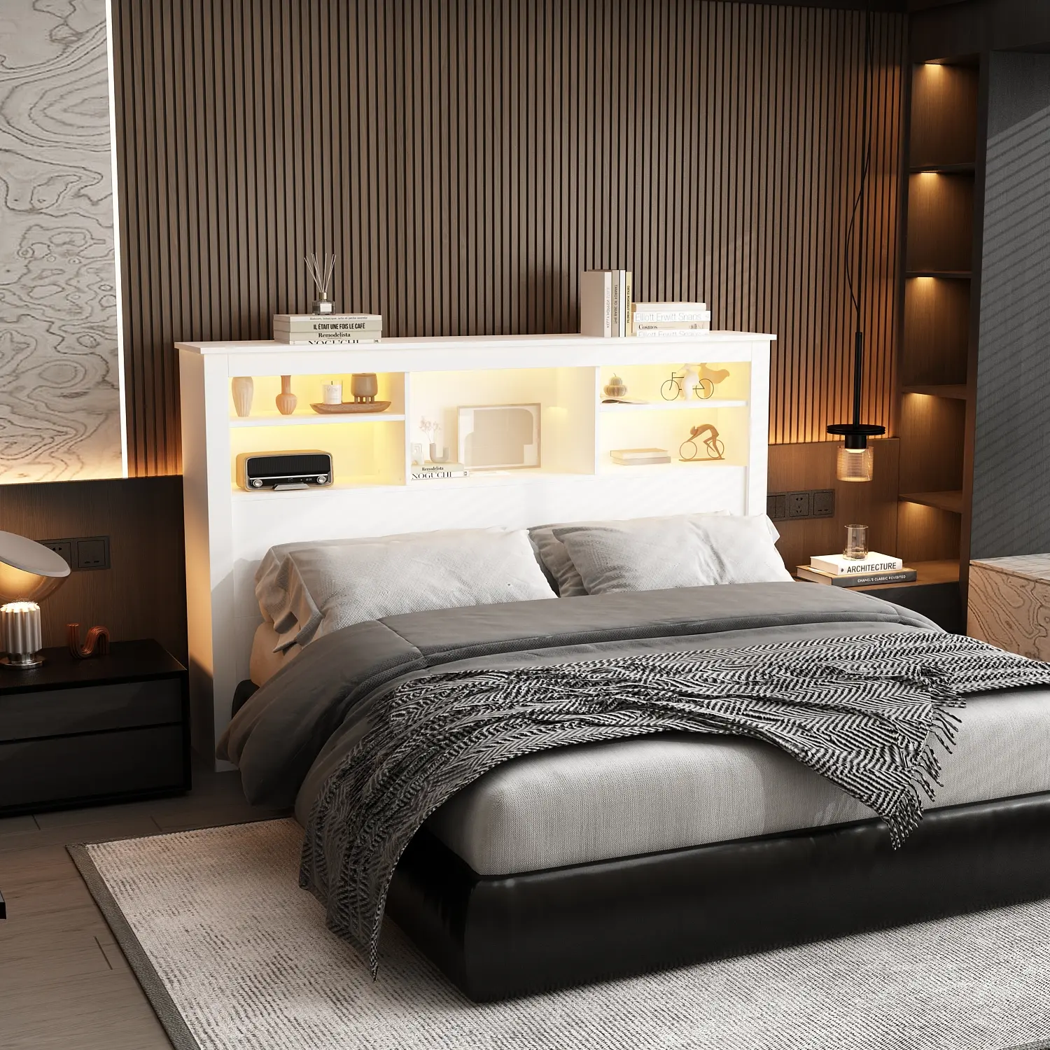 FUFU&GAGA Queen Size Bookcase Headboard for Bed, Modern Interior Design, with Cord & Light Pass-Through Hole