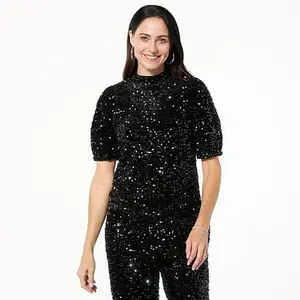 G by Giuliana Black Label Sequin Velour Knit Mock Neck Top