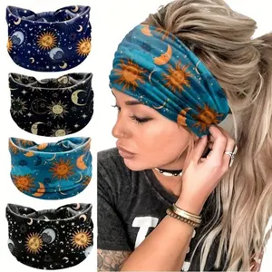 Boho Style Women's Sweatband Set, Elastic Cotton Yoga Headbands, Sun Moon Star Design, All Season Sports Accessories