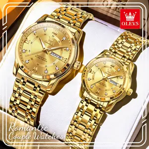 OLEVS 5513 Romantic Minimalist Alloy Quartz Couple Watches, 40mm, 30M - 50M Waterproof, Backlit Luminous Day-Date Dial, Batteries Included, Classic Ideal Romantic Holiday Gift