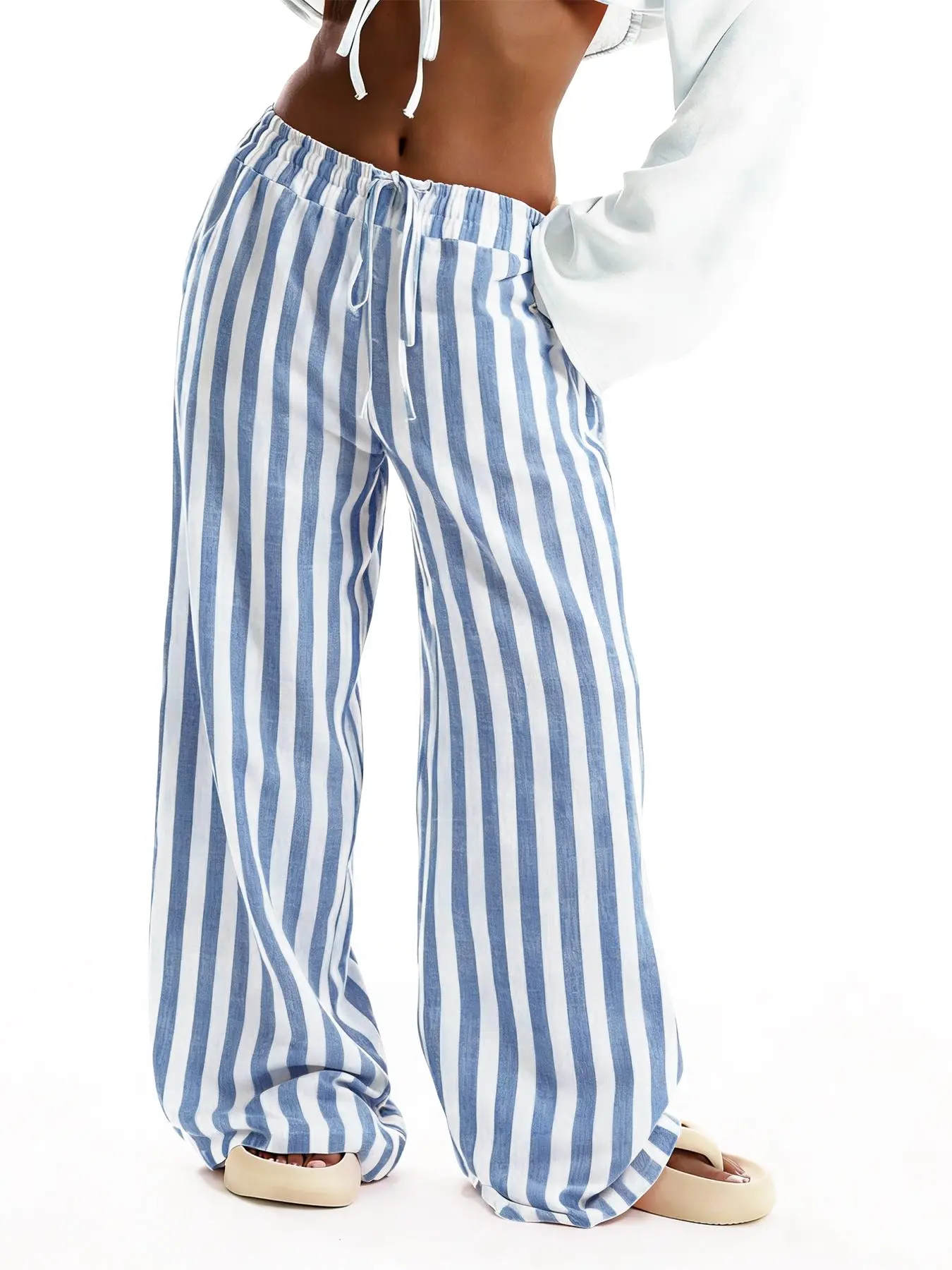 Women's Bohemian-style wide-leg stripe, Baggy Striped trousers, Bottoms, high-waisted drawstring loose-fitting, Boho, summer beach vacations and everyday casual wear, made from Elastic fabric Pants
