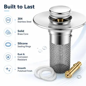 Stainless Steel Spring Sink Plug, Brass Core Odor-Proof Drain Stopper, All-Purpose Filter Stopper for Bathroom Basins & Bathtub Drains