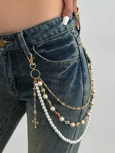 Vintage Glamorous Color Diamond Imitation Pearl Waist Chain, Ladies Trendy Cross Pants Chain for Decorative Style, Body Jewellery, Vintage Body Jewelry, Adjustable Waist Chain