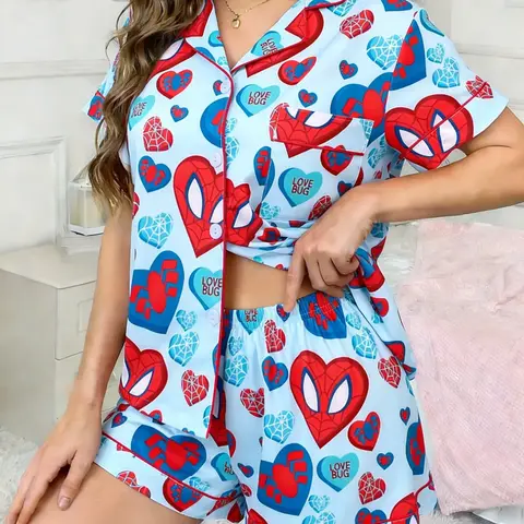 2-Piece Valentine's Day Women's Pajama Set, Home Wear, Spider Web & Heart Print, Cartoon Character Pattern Short Sleeve Top with Small Pocket & Elastic Waist Shorts, Comfortable Loungewear Shorts Sets Homewear for All-Season, Valentines Pjs